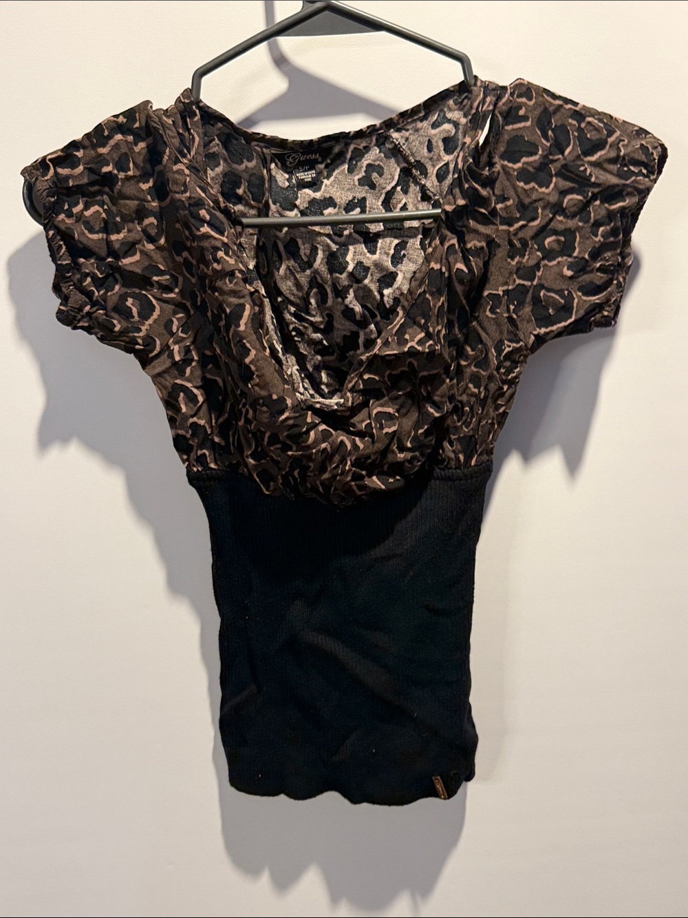 Guess Brown Leopard Print Cowl Neck Top with Black Waist Size: S